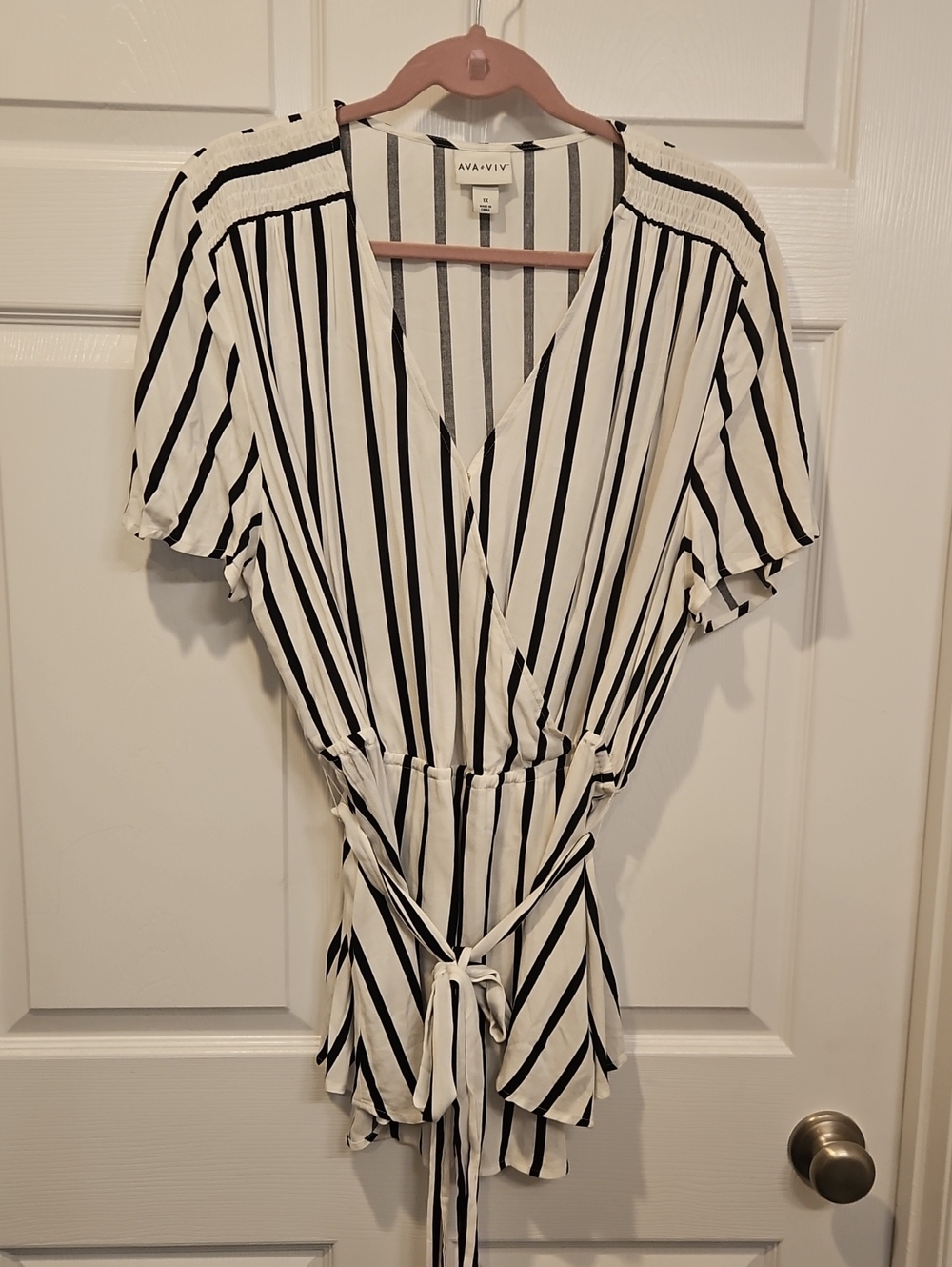 Ava & Viv White and Black Vertical Stripe Wrap Top